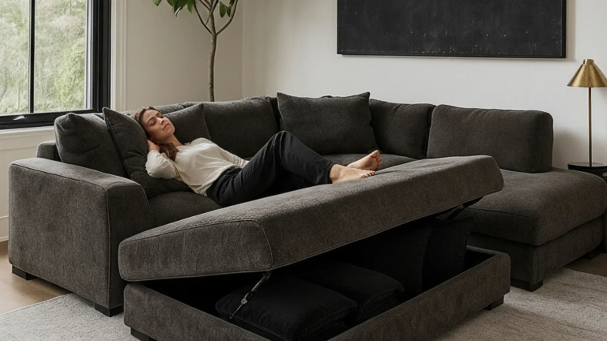A woman is lying on a cozy sectional  sofa a furniture finance