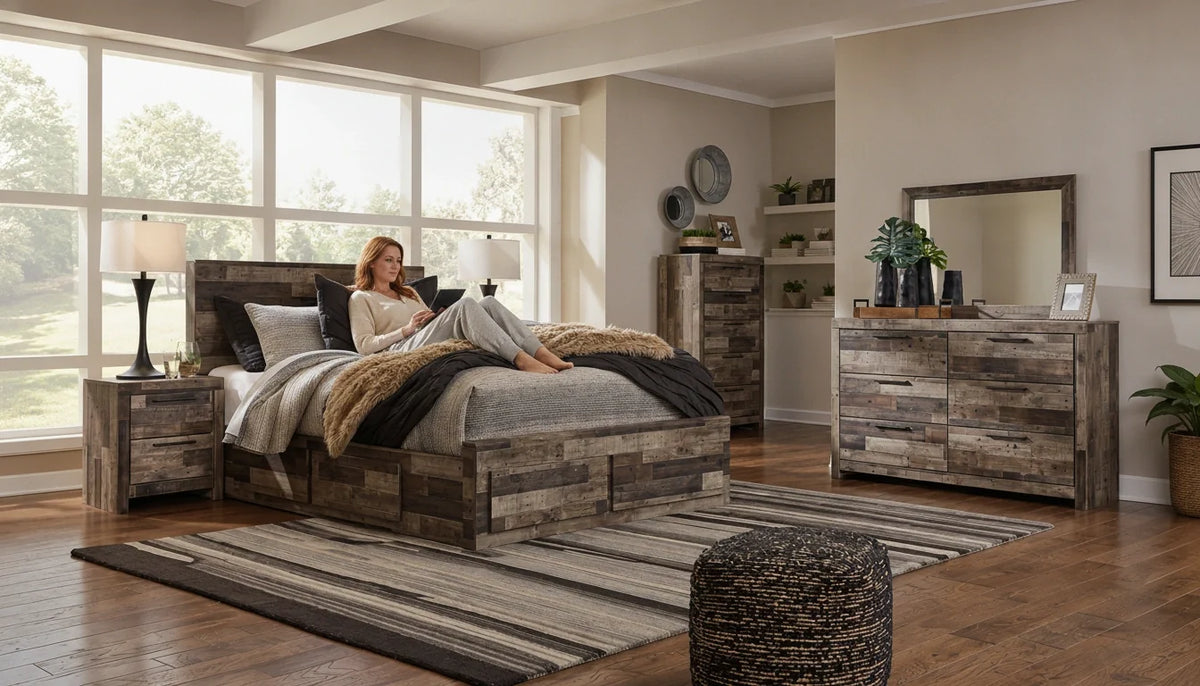 man sitting in bed in a bedroom styled in calgary