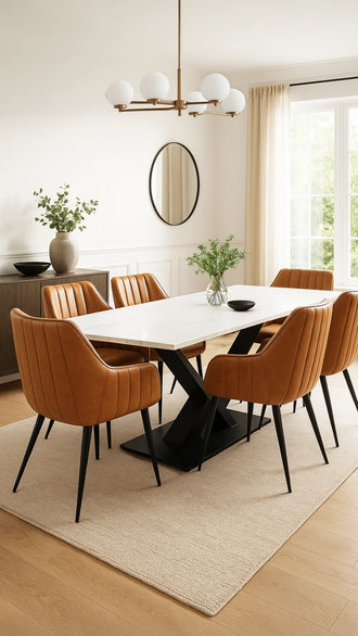 Modern dining room with a white table and brown chairs.